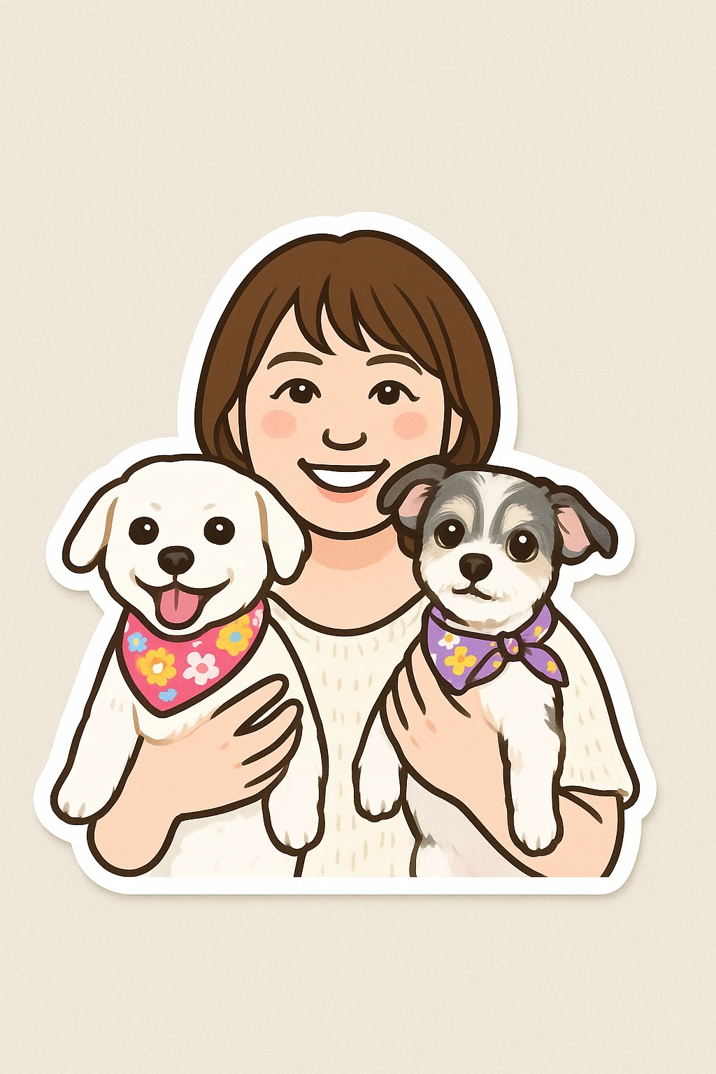 Illustration of a smiling woman holding two small dogs in flower bandanas